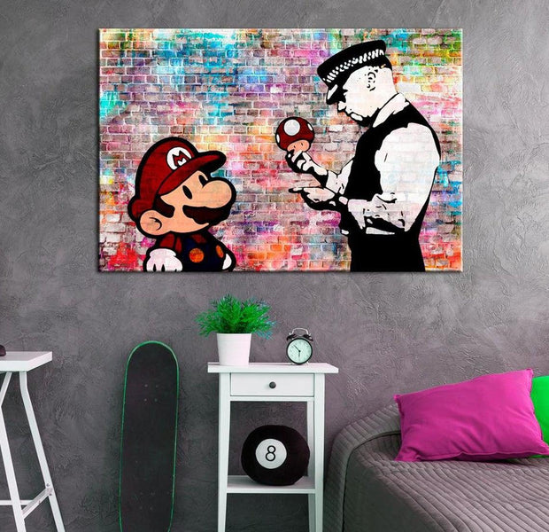 Stretched Canvas Street Art - Banksy: Mario On Colourful Brick