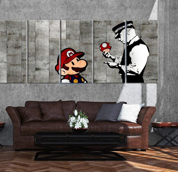 Stretched Canvas Street Art - Banksy: Mario On Concrete Wall 5 Piece