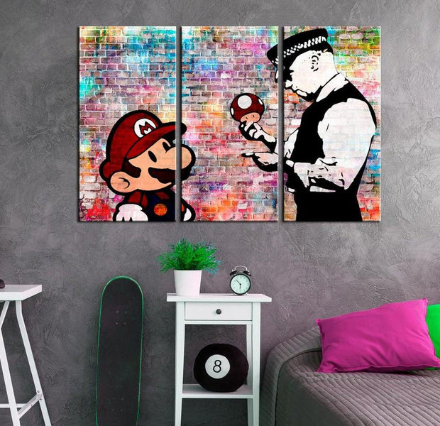 Stretched Canvas Street Art - Banksy: Mario On Rainbow Bricks