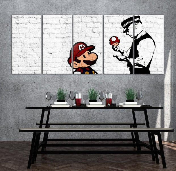 Stretched Canvas Street Art - Banksy: Mario On White Brick 5 Piece