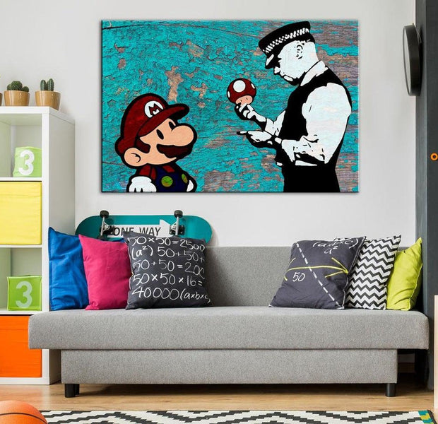 Stretched Canvas Street Art - Banksy: Mario On Wood