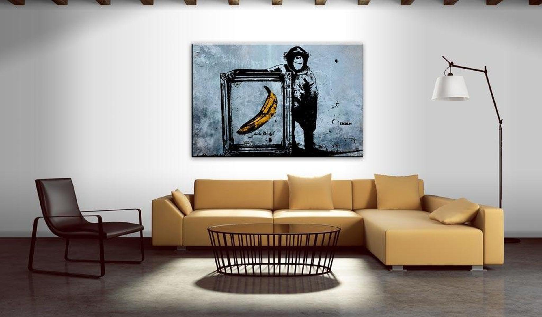 Stretched Canvas Street Art - Banksy: Monkey And Banana Frame