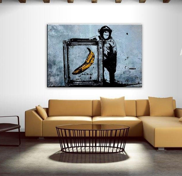 Stretched Canvas Street Art - Banksy: Monkey And Banana Frame