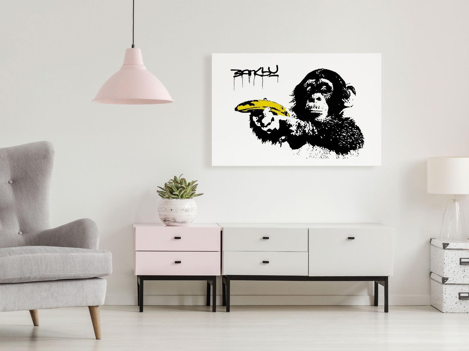 Stretched Canvas Street Art - Banksy: Monkey With Banana Wide