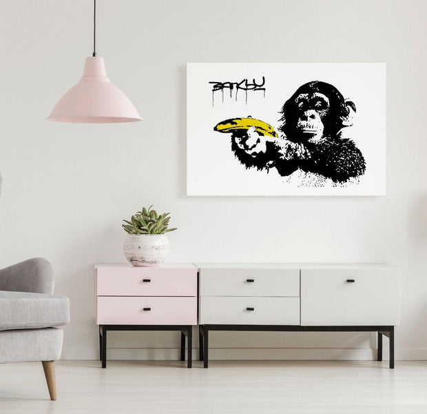 Stretched Canvas Street Art - Banksy: Monkey With Banana Wide