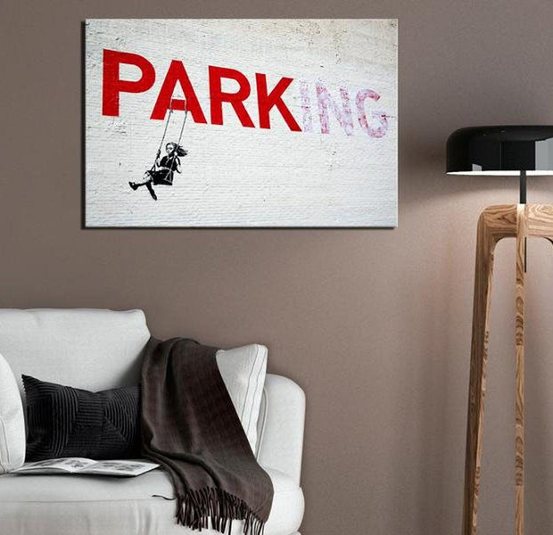 Stretched Canvas Street Art - Banksy: Parking Girl On Swing