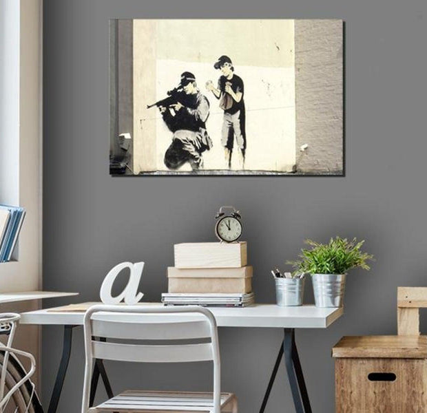 Stretched Canvas Street Art - Banksy: Sniper And Child