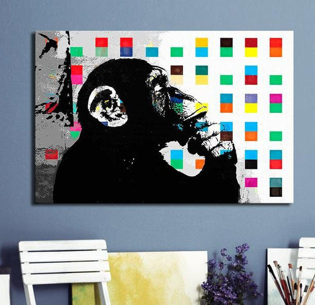 Stretched Canvas Street Art - Banksy: The Thinker Monkey Wide