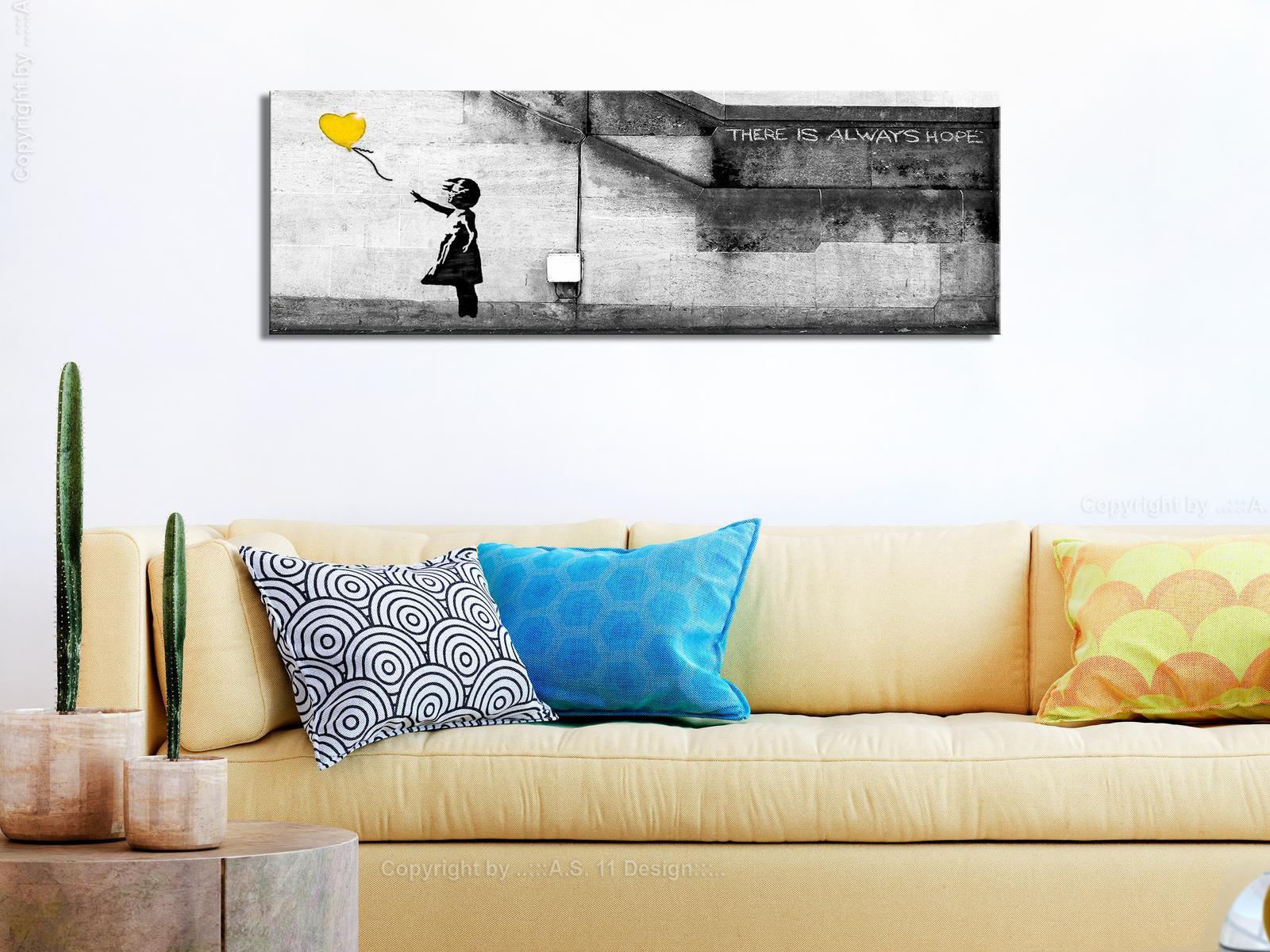 Stretched Canvas Street Art - Banksy: There Is Always Hope Yellow Ballon