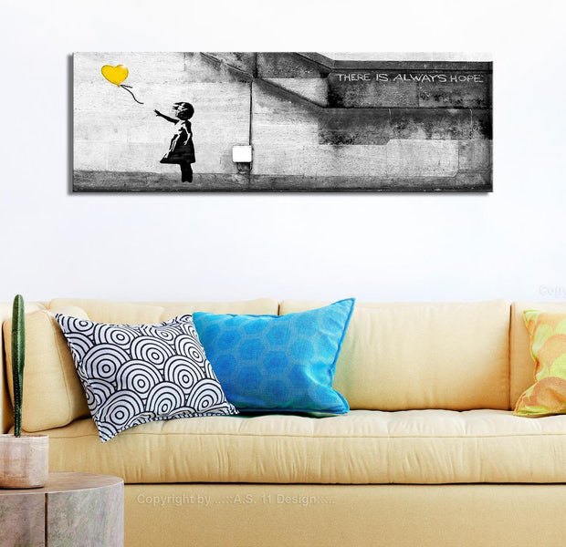 Stretched Canvas Street Art - Banksy: There Is Always Hope Yellow Ballon