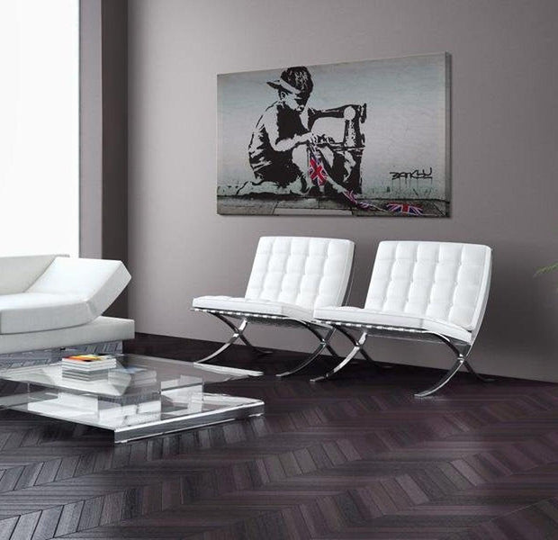 Stretched Canvas Street Art - Banksy: Union Jack Kid