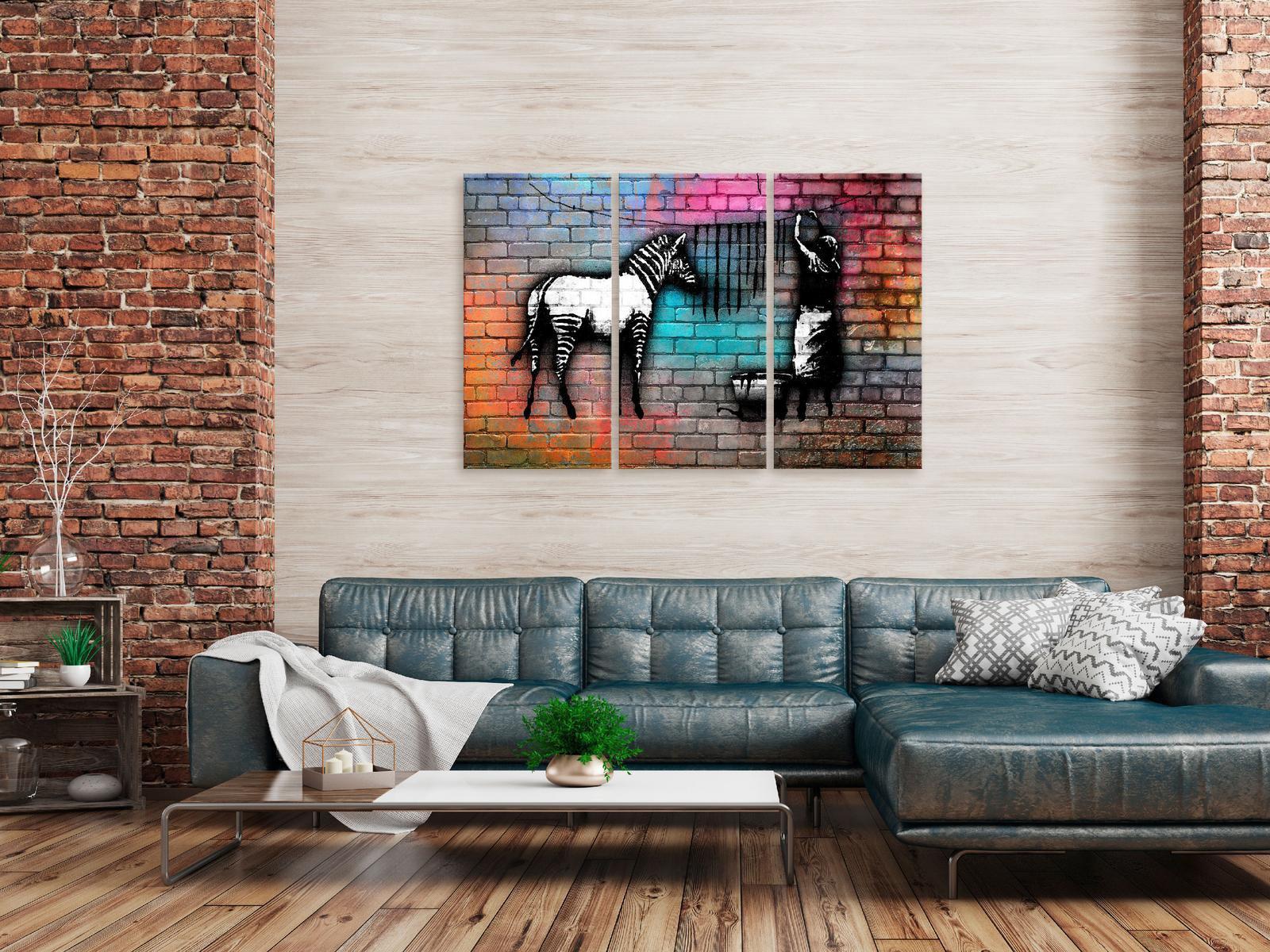 Stretched Canvas Street Art - Banksy: Washing Zebra Colourful Brick 3 Piece