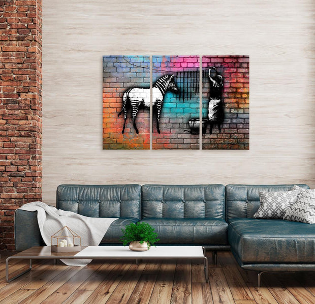 Stretched Canvas Street Art - Banksy: Washing Zebra Colourful Brick 3 Piece