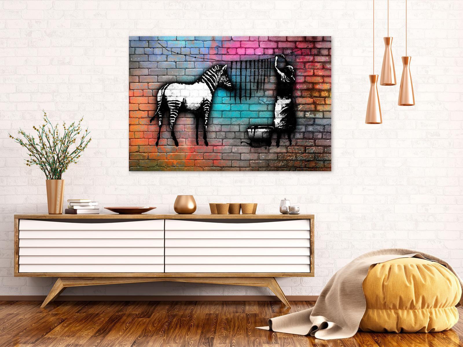 Stretched Canvas Street Art - Banksy: Washing Zebra Colourful Brick