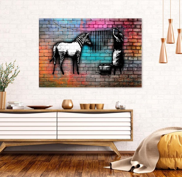 Stretched Canvas Street Art - Banksy: Washing Zebra Colourful Brick