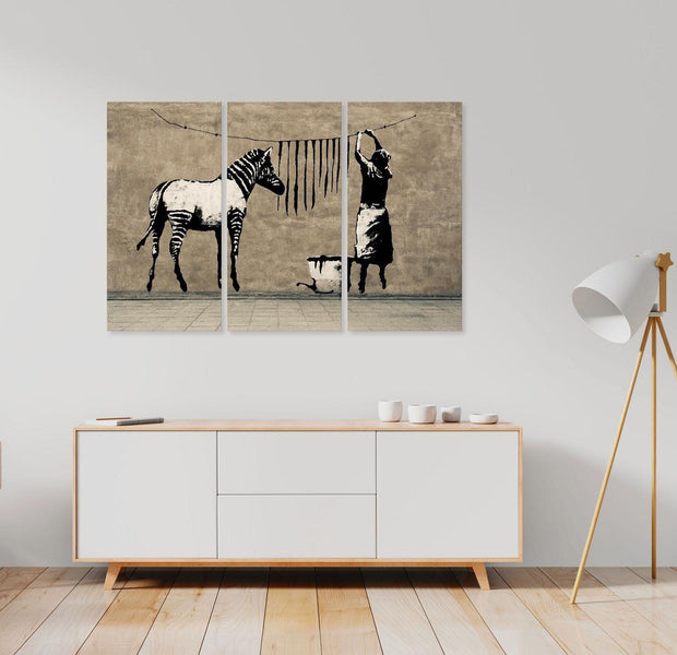 Stretched Canvas Street Art - Banksy: Washing Zebra On Concrete 3 Piece