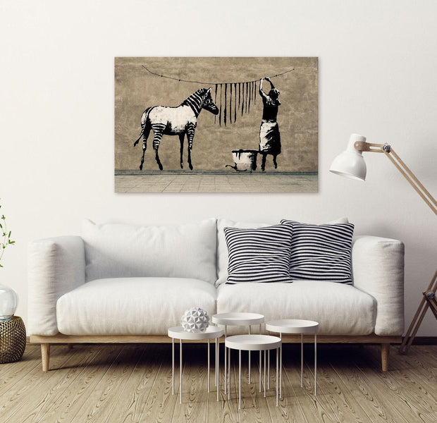 Stretched Canvas Street Art - Banksy: Washing Zebra On Concrete