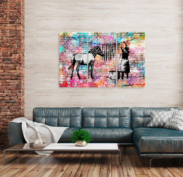 Stretched Canvas Street Art - Banksy: Washing Zebra Stripes 3 Piece