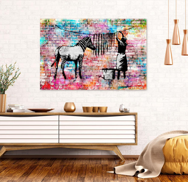 Stretched Canvas Street Art - Banksy: Washing Zebra Stripes