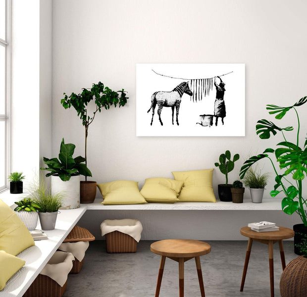 Stretched Canvas Street Art - Banksy: Washing Zebra White Background