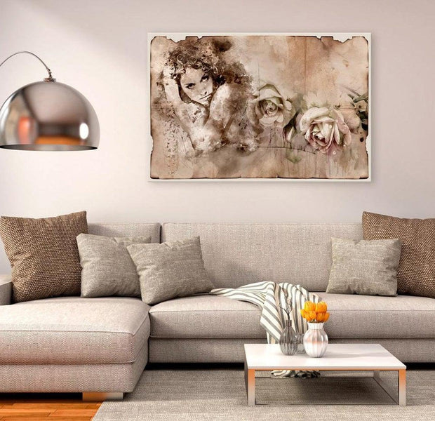 Stretched Canvas Vintage Art - Retro Style: Woman And Roses
