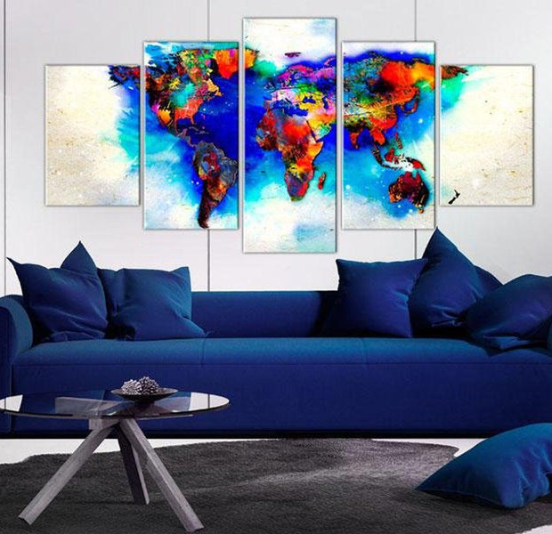 Stretched Canvas World Map Art - All Colors Of The World 5 Piece