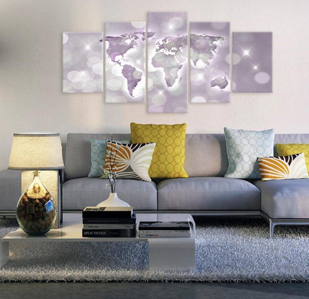Stretched Canvas World Map Art - Amethyst World 5 Piece