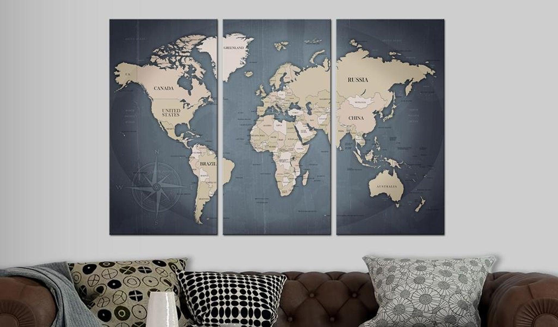 Stretched Canvas World Map Art - Anthracitic World