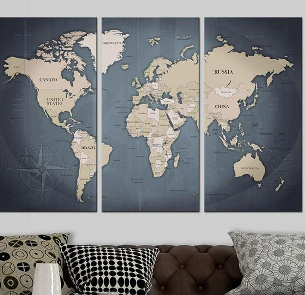 Stretched Canvas World Map Art - Anthracitic World