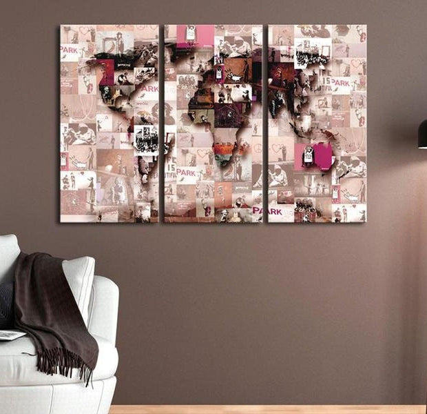 Stretched Canvas World Map Art - Banksy Graffiti Collage