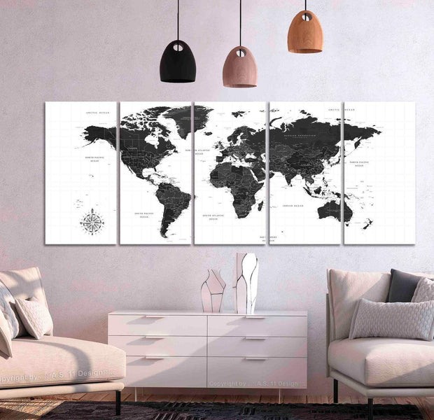 Stretched Canvas World Map Art - Black And White Map Narrow