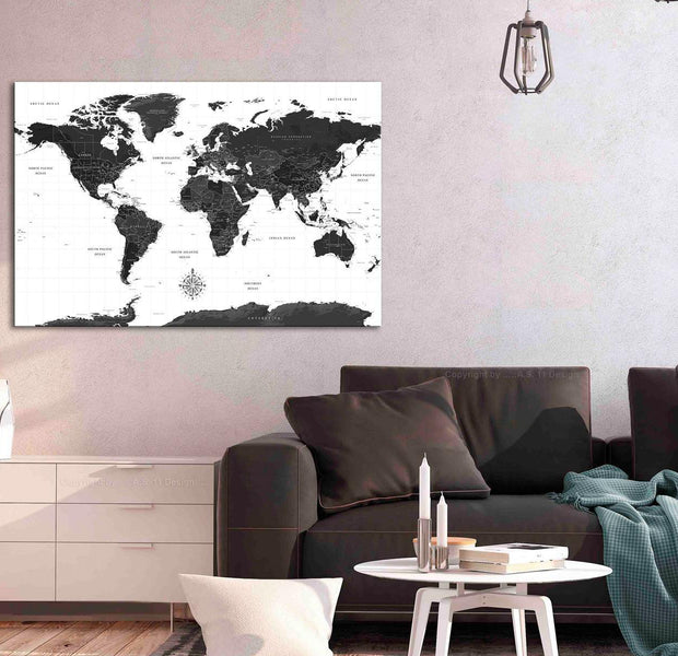 Stretched Canvas World Map Art - Black And White Map Wide