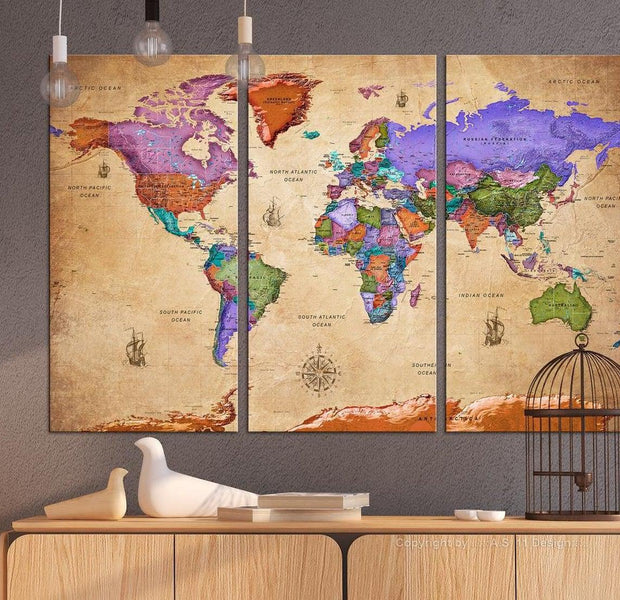 Stretched Canvas World Map Art - Colourful Travels