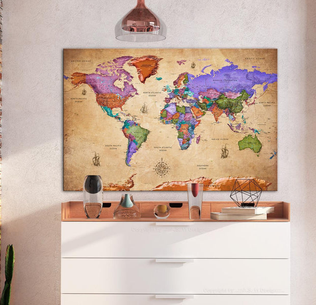 Stretched Canvas World Map Art - Colourful Travels Wide