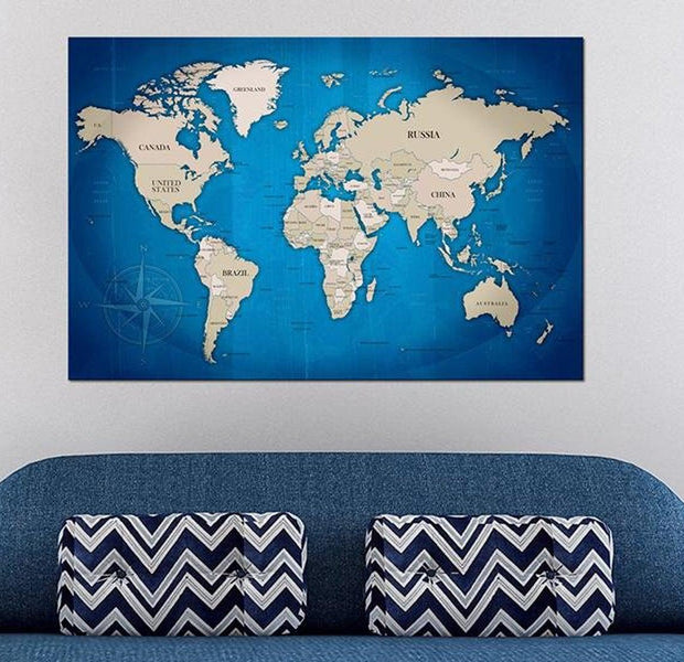 Stretched Canvas World Map Art - Dark Blue Trail