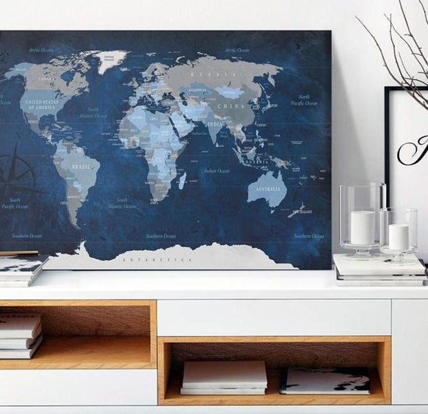 Stretched Canvas World Map Art - Dark Blue World