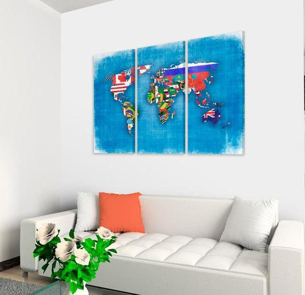Stretched Canvas World Map Art - Flags Of The World 3 Piece