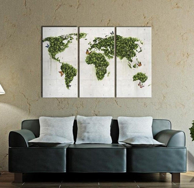 Stretched Canvas World Map Art - Green Land Of Butterflies 3 Piece