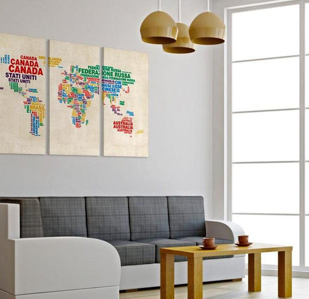 Stretched Canvas World Map Art - Italian Names Of Countries In Vivid Colors 3 Piece