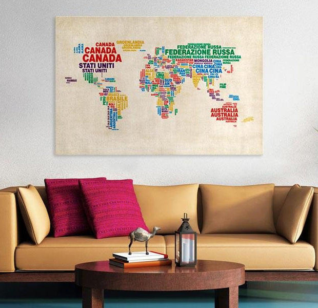 Stretched Canvas World Map Art - Italian Names Of Countries In Vivid Colors
