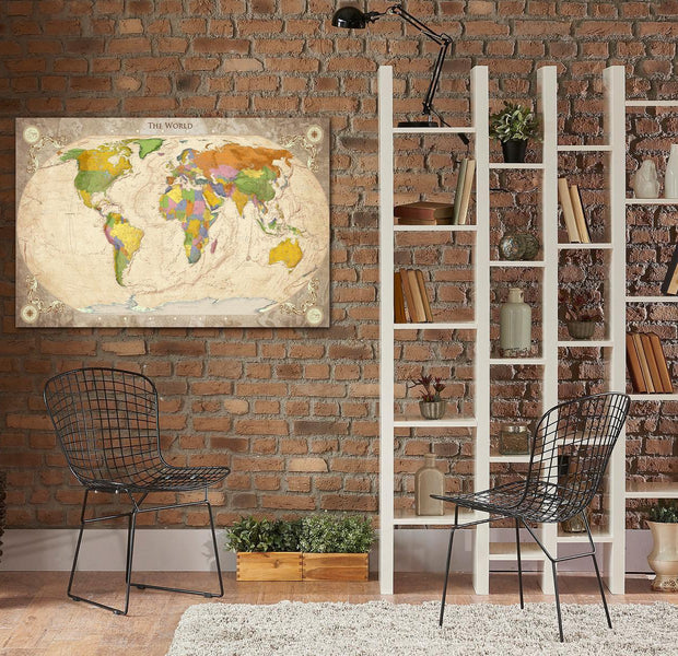 Stretched Canvas World Map Art - Map And Ornaments