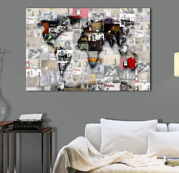 Stretched Canvas World Map Art - Map: Banksy Inspiration