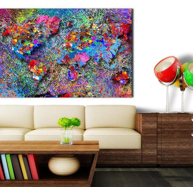 Stretched Canvas World Map Art - Map: Jackson Pollock Inspiration