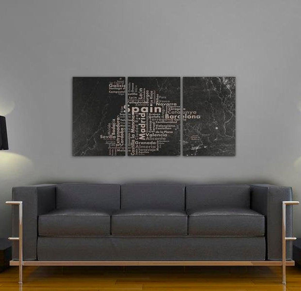 Stretched Canvas World Map Art - Map Of Spain On The Blackboard - Triptich