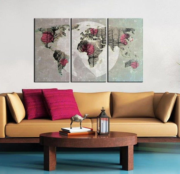Stretched Canvas World Map Art - Map Of The World: Full Moon 3 Piece