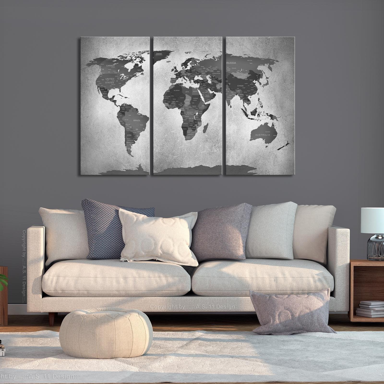 Stretched Canvas World Map Art - Map On Concrete