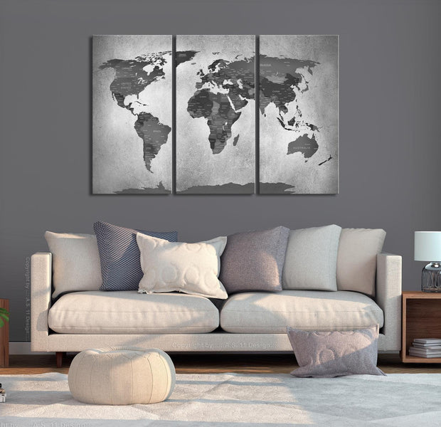 Stretched Canvas World Map Art - Map On Concrete
