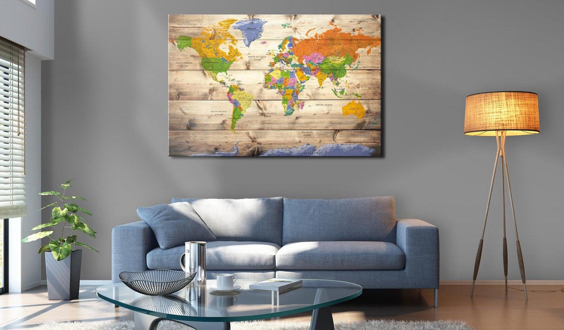 Stretched Canvas World Map Art - Map On Wood: Colourful Travels