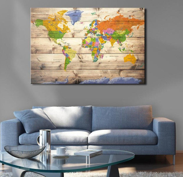 Stretched Canvas World Map Art - Map On Wood: Colourful Travels