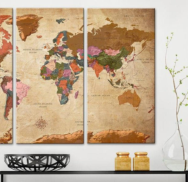 Stretched Canvas World Map Art - Maps: Brown Elegance